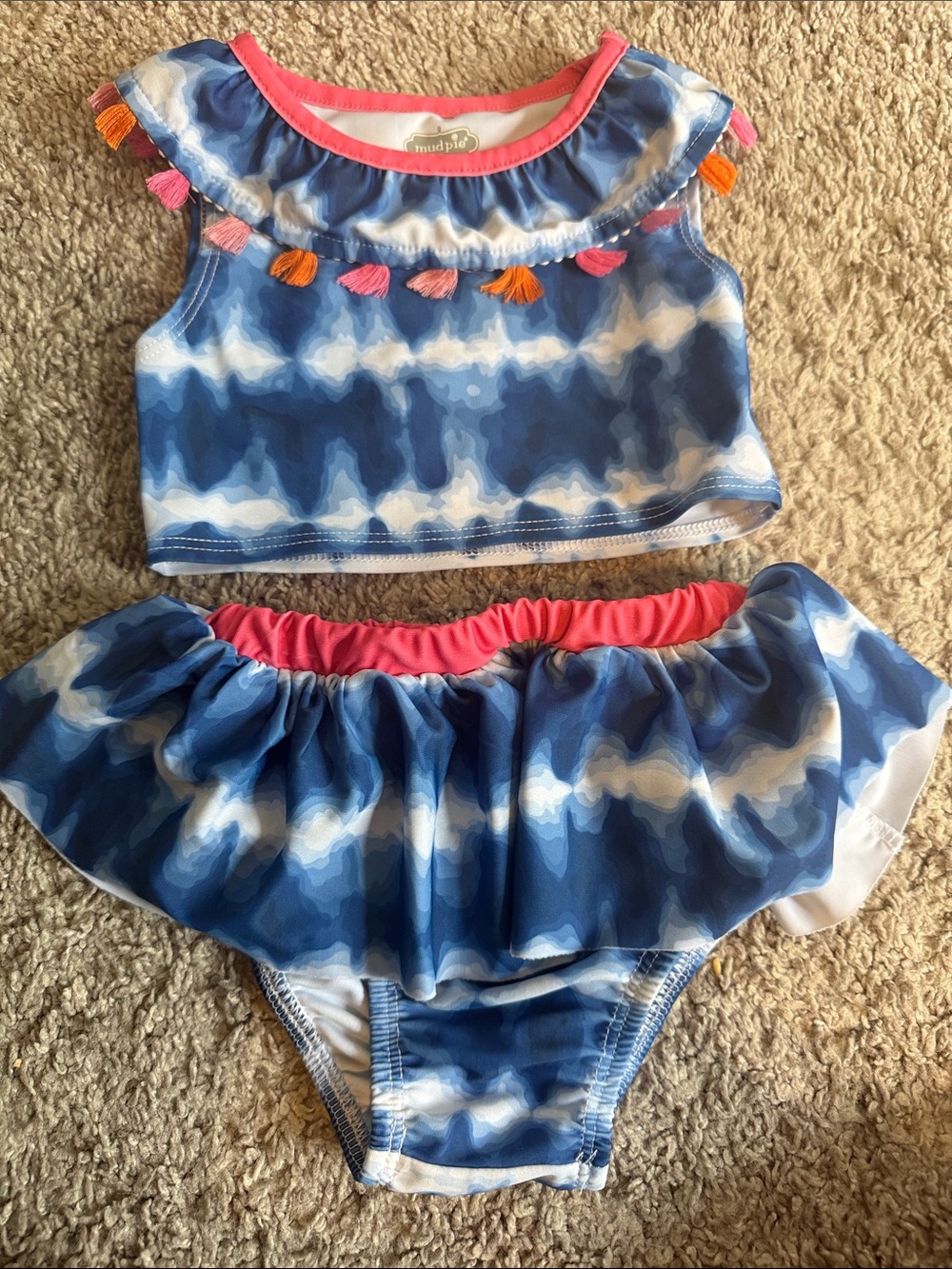 Mud Pie Blue Tie-Dye Ruffled Two-Piece Swim Set with Pink Trim and Tassels